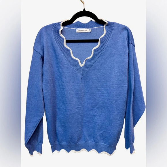 2/$15 - Misslook Scalloped V-Neck Sweater – Blue Medium - Picture 1 of 7